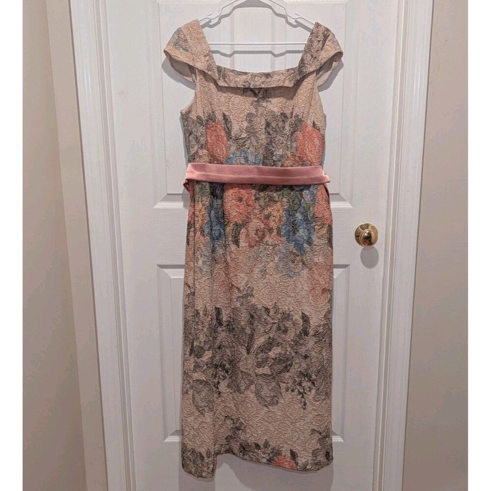 Romantic Cottagecore Adrianna Papell Floral Midi Dress Satin Belt 14